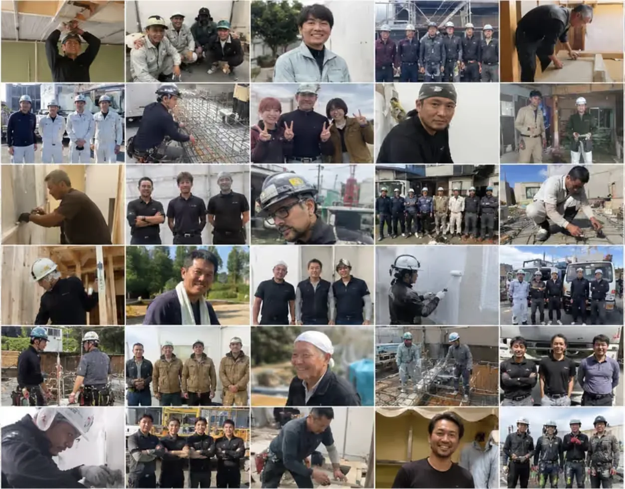 建設現場で働く人々の作業風景と集合写真