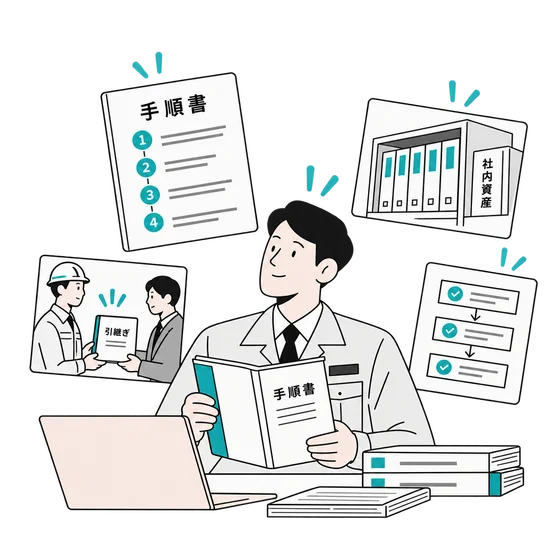 手順書を確認する社長と、業務の引き継ぎや社内資産として残る仕組みのイラスト