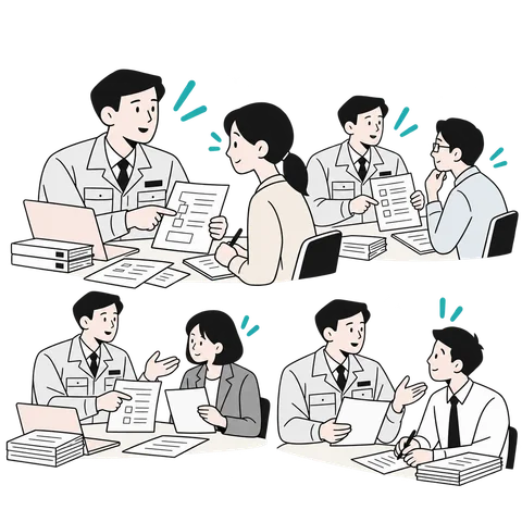 担当者が手順を何度も説明しながら業務を引き継ぐイラスト