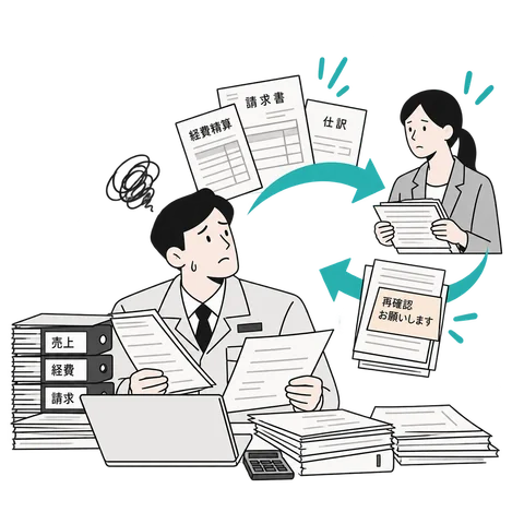 経理と請求の書類がたまり、確認作業を繰り返す担当者のイラスト