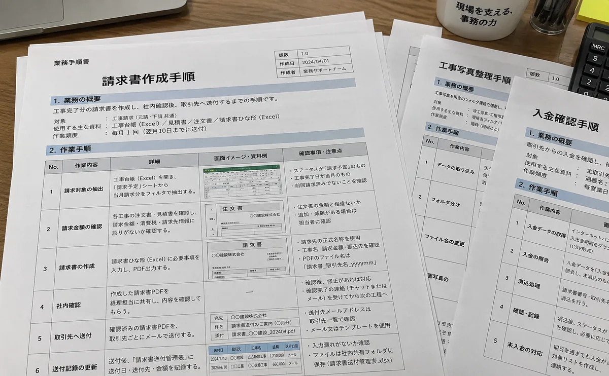 請求書作成、工事写真整理、入金確認の業務手順書