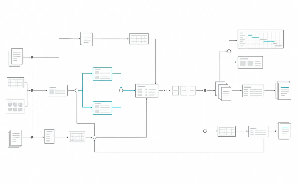 書類や表計算データをつなぎ、見積から回収までの業務の流れを示した図