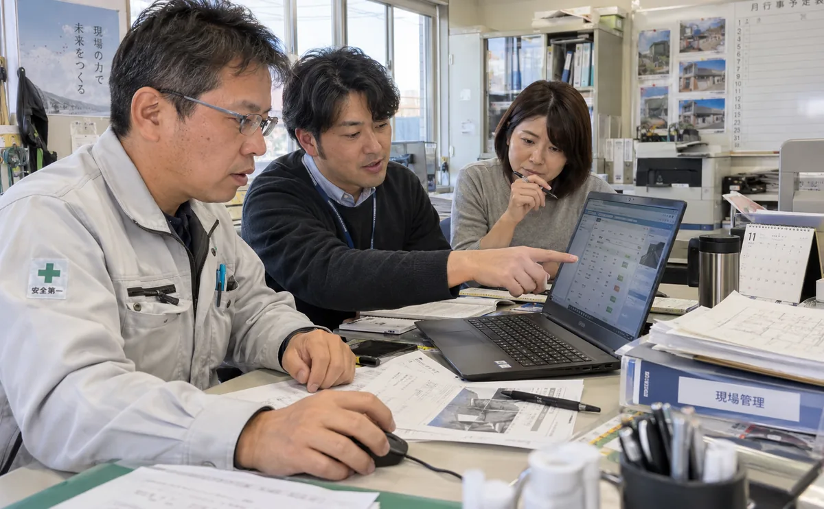 建設会社の担当者がパソコン画面を囲み、業務ソフトの運用方法を確認する様子