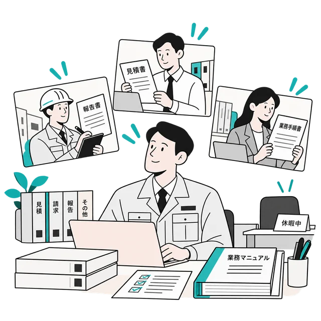 担当者が休みでも、業務マニュアルを使って見積や報告を進めるチームのイラスト