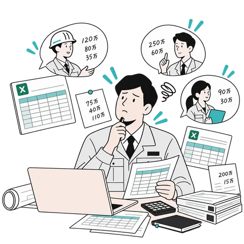 複数のExcelや担当者に散らばった数字を集め、案件ごとの利益を確認する担当者のイラスト