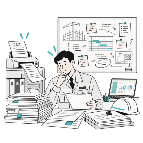 業務ソフトを開いたまま紙やFAXの作業に追われる担当者のイラスト
