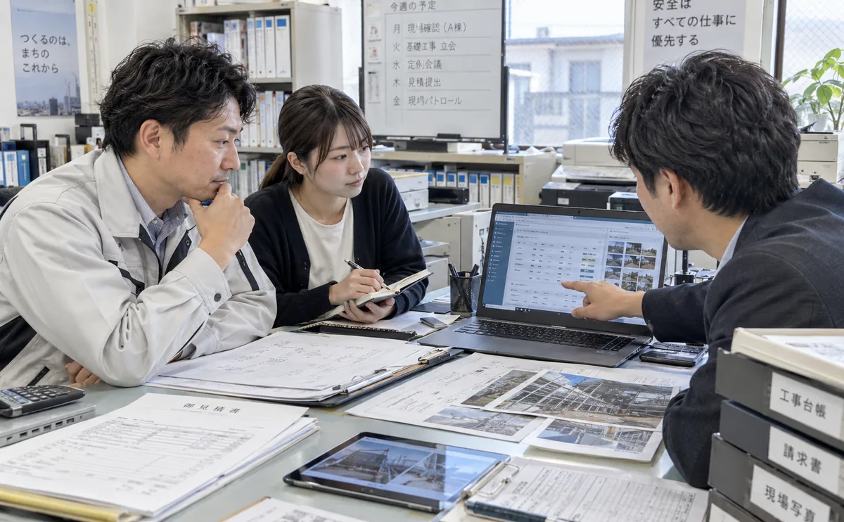 建設会社の担当者が業務ソフトの画面と工事資料を見ながら導入を検討する様子