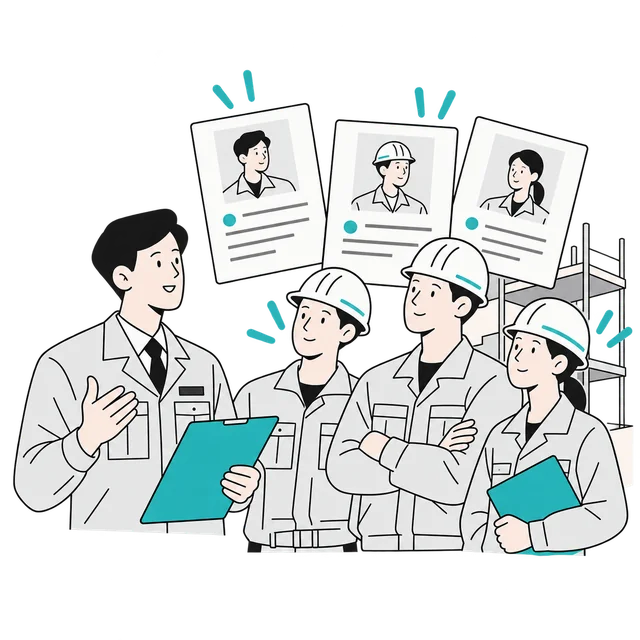 採用候補者を比較し、計画的に仲間を増やす建設会社のイラスト