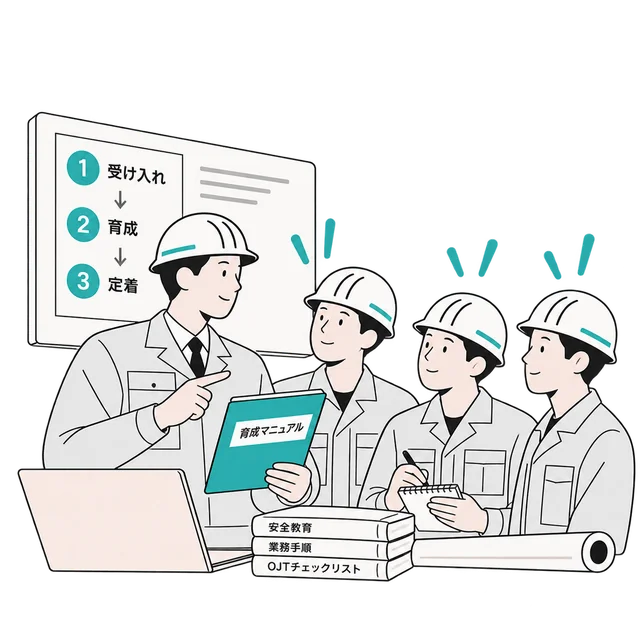 受け入れ・育成・定着の仕組みに沿って新人を教える建設会社のイラスト