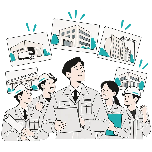仲間がそろい、複数の工事案件を選べる建設会社のイラスト
