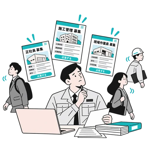 複数の求人を見ながら応募が集まらず悩む建設会社の採用担当者のイラスト