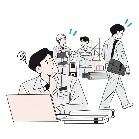 社員が育つ前に辞めてしまい、定着に悩む建設会社の採用担当者のイラスト
