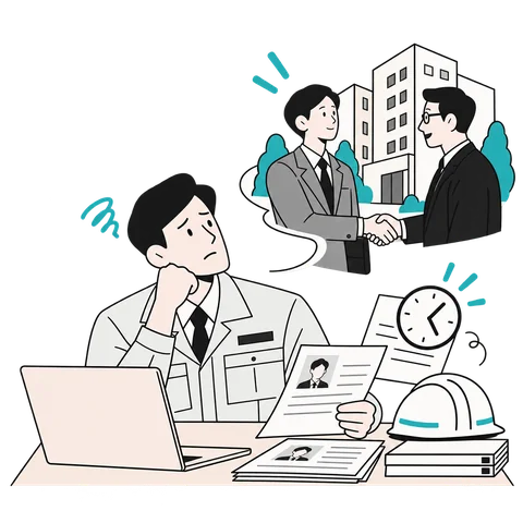 応募者が他社に決まり、選考の遅れに悩む建設会社の採用担当者のイラスト