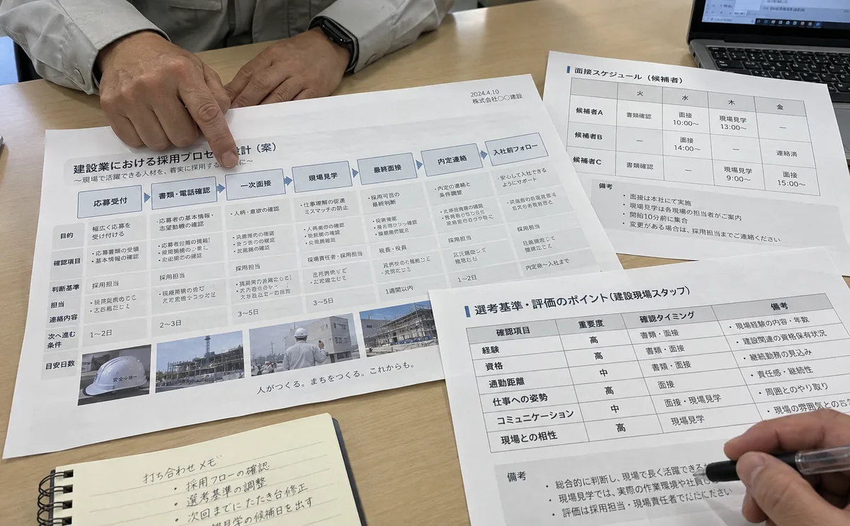 建設業の採用プロセス設計、面接日程、選考基準の資料を確認する様子