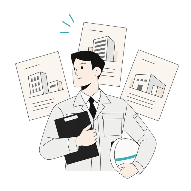複数の建設会社の資料を背景に、図面を持つ担当者のイラスト