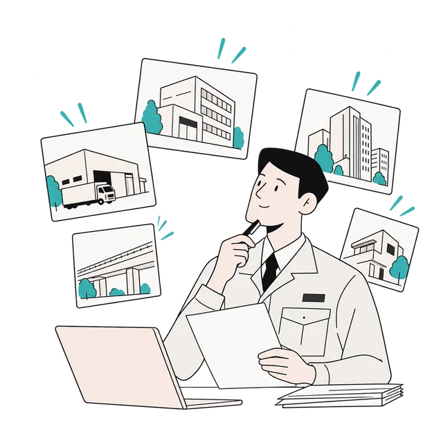 複数の建設案件から条件の合う仕事を選ぶ担当者のイラスト