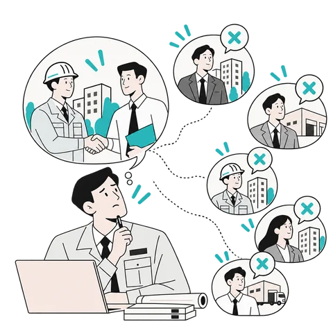紹介でつながった取引先に偏り、新しい候補を探す建設会社の担当者のイラスト