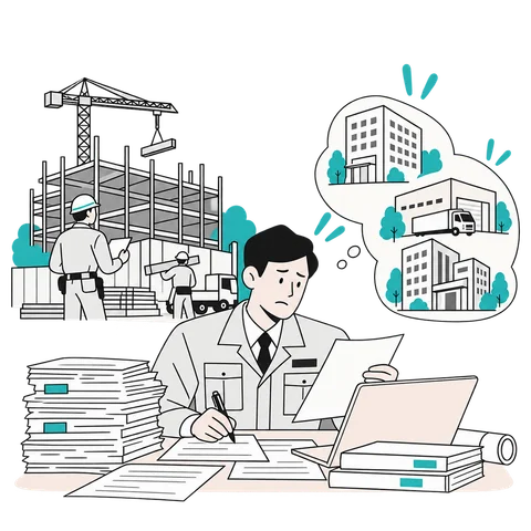 現場の仕事と営業の書類に追われる建設会社の担当者のイラスト